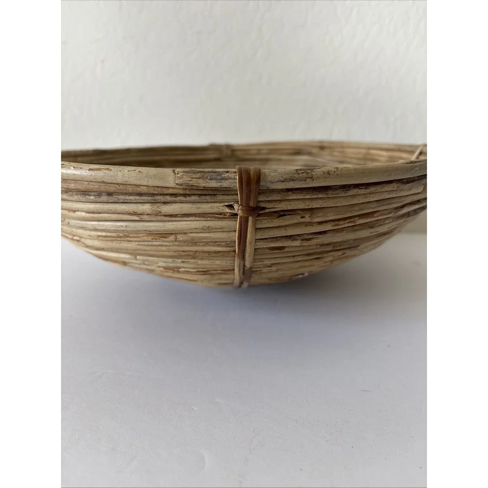 Vintage 60s MCM Pencil Reed Bamboo Rattan Bowl Basket Large